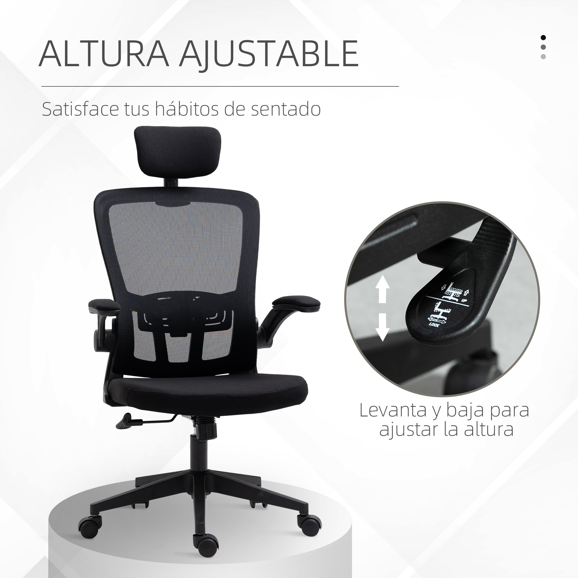 Mesh Office Chair Swivel Desk Chair with Adjustable Height Foldable Armrests Adjustable Headrest and Lumbar Support 65x64x114-122 cm Black