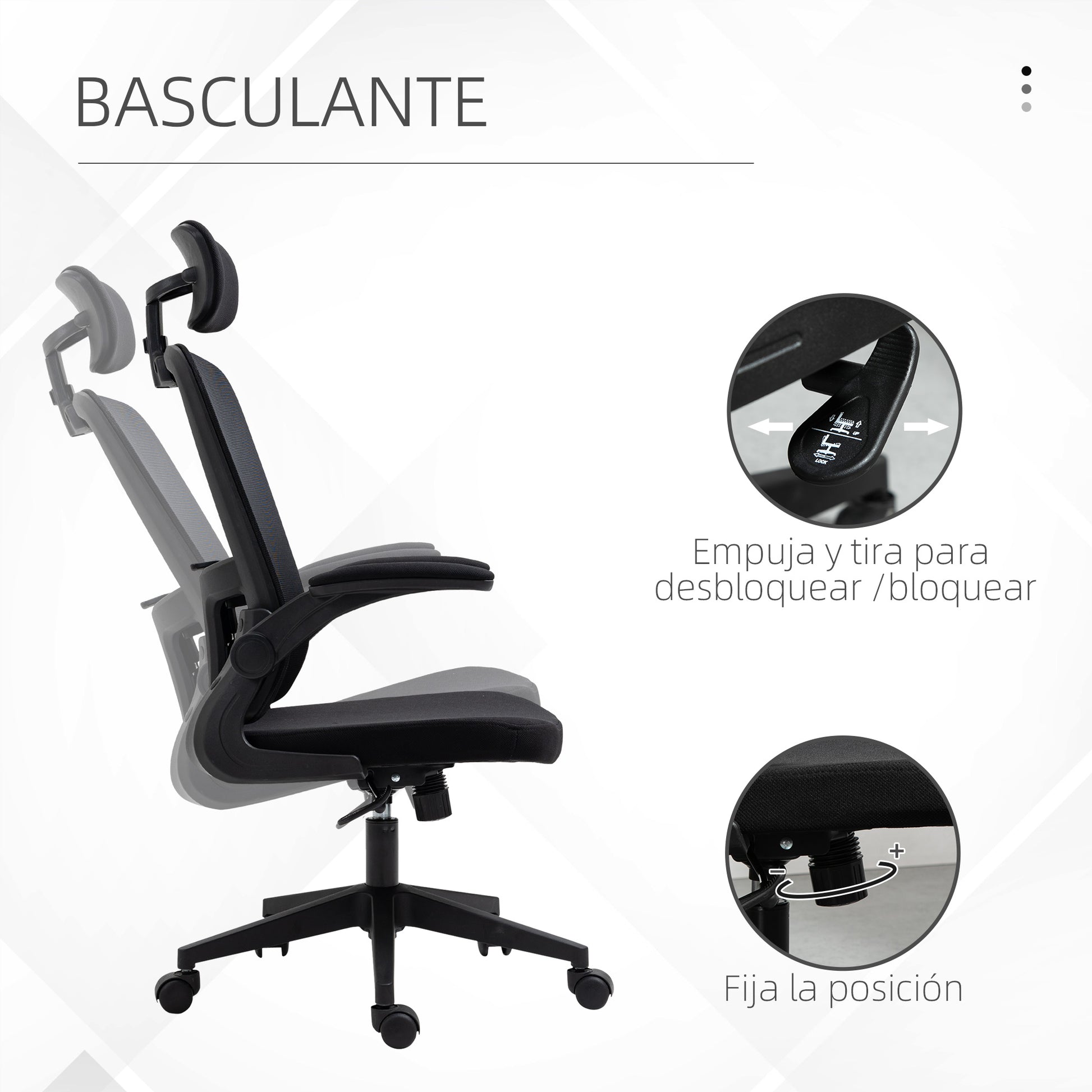 Mesh Office Chair Swivel Desk Chair with Adjustable Height Foldable Armrests Adjustable Headrest and Lumbar Support 65x64x114-122 cm Black
