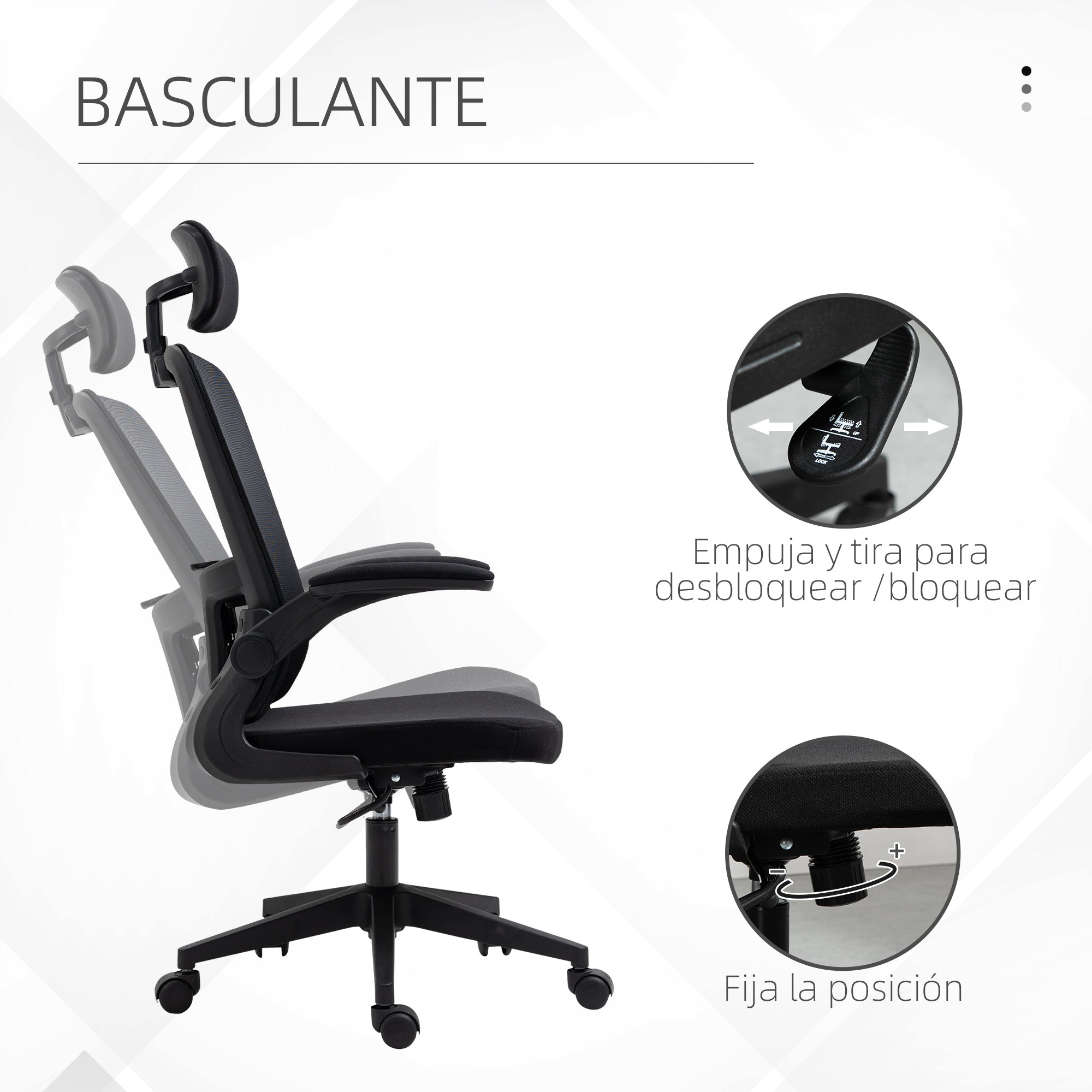 Mesh Office Chair Swivel Desk Chair with Adjustable Height Foldable Armrests Adjustable Headrest and Lumbar Support 65x64x114-122 cm Black