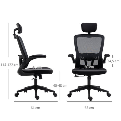 Mesh Office Chair Swivel Desk Chair with Adjustable Height Foldable Armrests Adjustable Headrest and Lumbar Support 65x64x114-122 cm Black