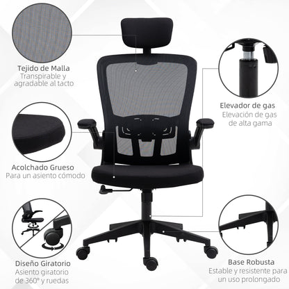 Mesh Office Chair Swivel Desk Chair with Adjustable Height Foldable Armrests Adjustable Headrest and Lumbar Support 65x64x114-122 cm Black