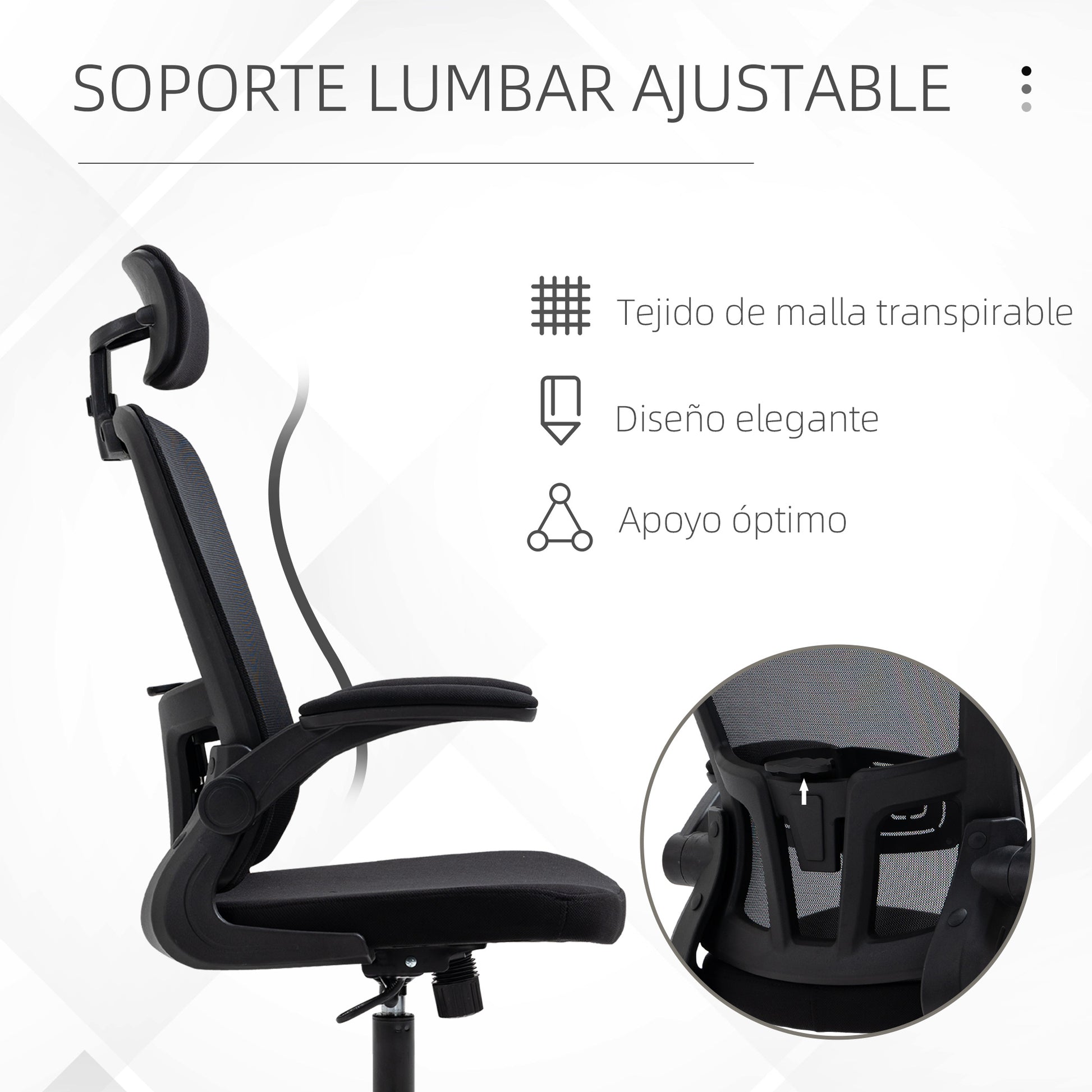 Mesh Office Chair Swivel Desk Chair with Adjustable Height Foldable Armrests Adjustable Headrest and Lumbar Support 65x64x114-122 cm Black