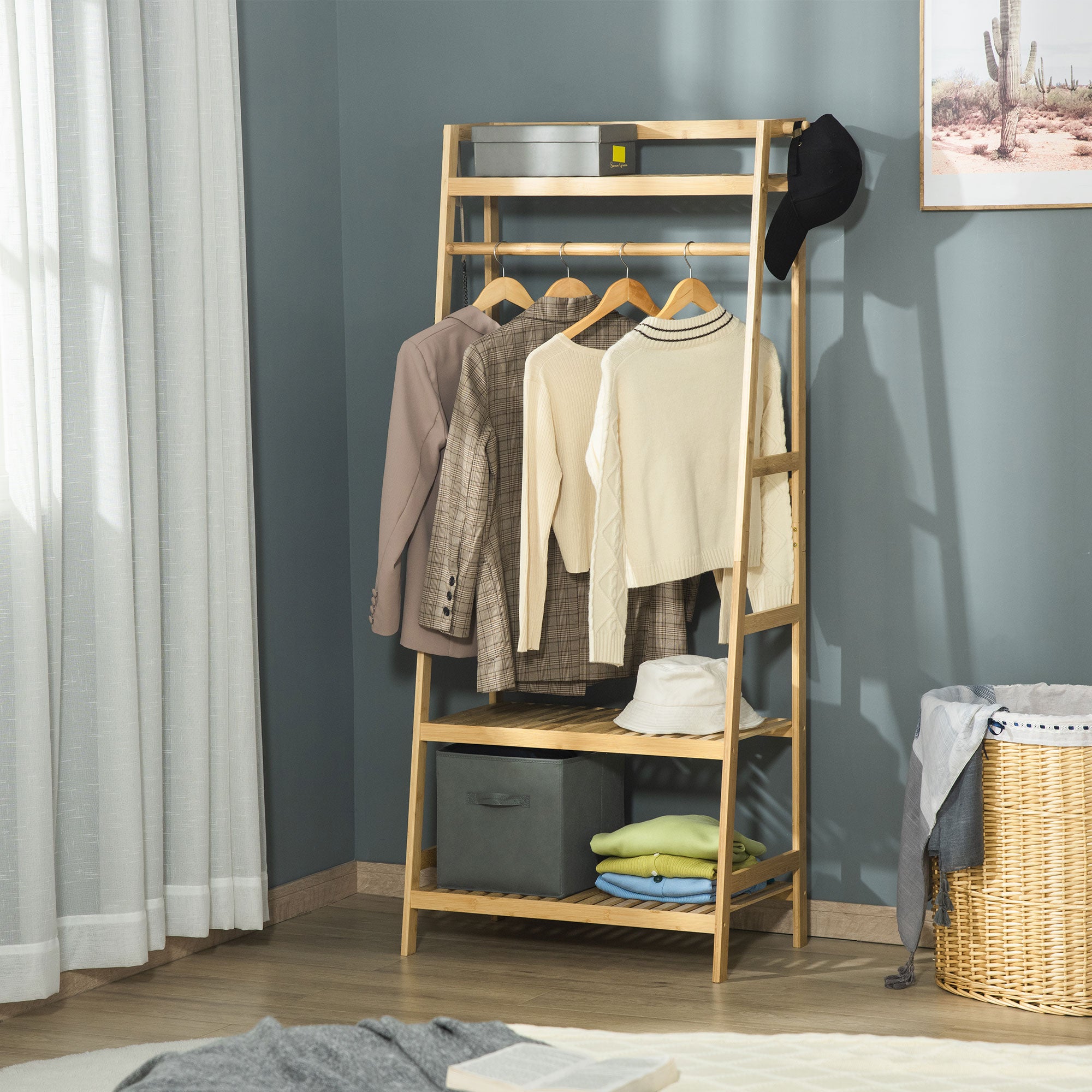 Bamboo Coat Rack with Shelves for Entryway and Bedroom, 70x42x164cm