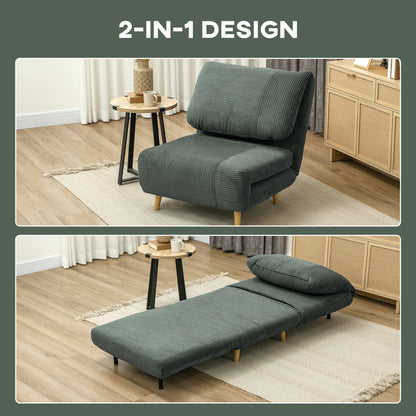 2-in-1 Sleep Sofa Sleeper Chair Adjustable Folding Mattress Guest Bed in Corduroy Look, for Bedroom, Living Room Green 82 x 89 x 83 cm