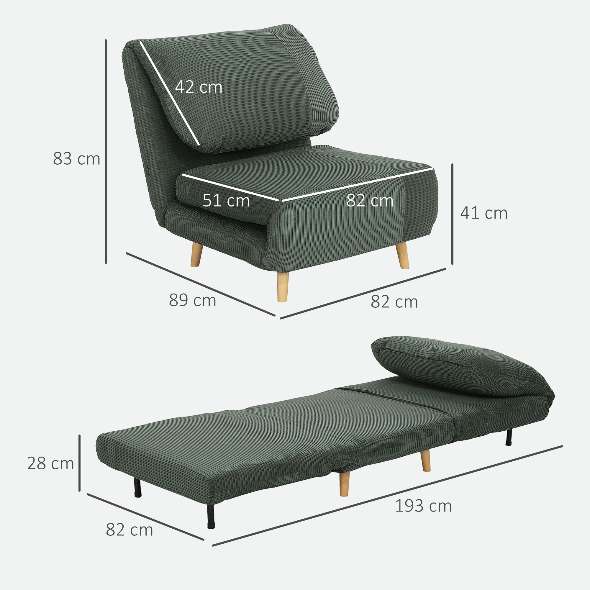 2-in-1 Sleep Sofa Sleeper Chair Adjustable Folding Mattress Guest Bed in Corduroy Look, for Bedroom, Living Room Green 82 x 89 x 83 cm