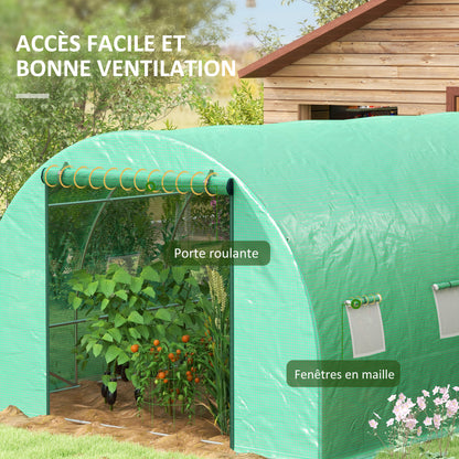 Garden Tunnel Greenhouse 12 sqm Tomato Greenhouse with Integrated Watering System 3L x 2W x 2H m Reinforced Steel + High Density PE 140 g/m² 8 Windows Roll-up Door Green