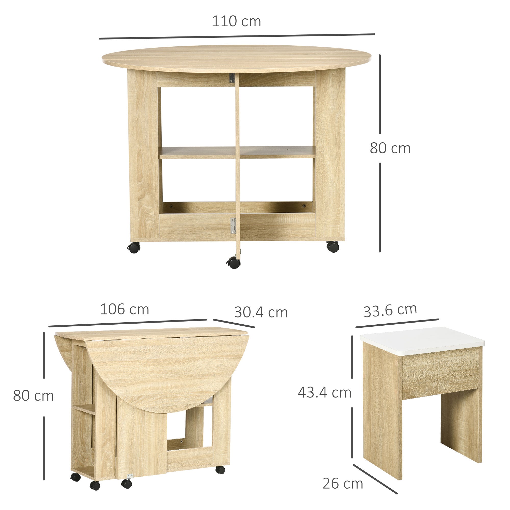 5-Piece Oak Veneer Table and Chairs Set, Foldable Round Table with 2 Open Shelves and 4 Oak Stools