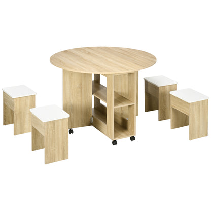 5-Piece Oak Veneer Table and Chairs Set, Foldable Round Table with 2 Open Shelves and 4 Oak Stools