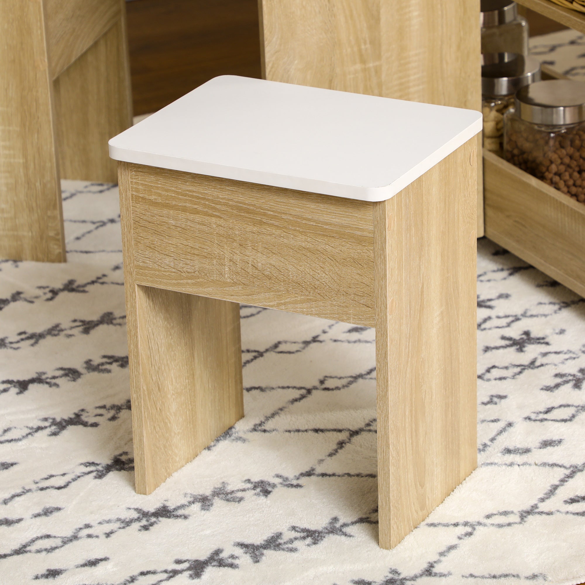 5-Piece Oak Veneer Table and Chairs Set, Foldable Round Table with 2 Open Shelves and 4 Oak Stools