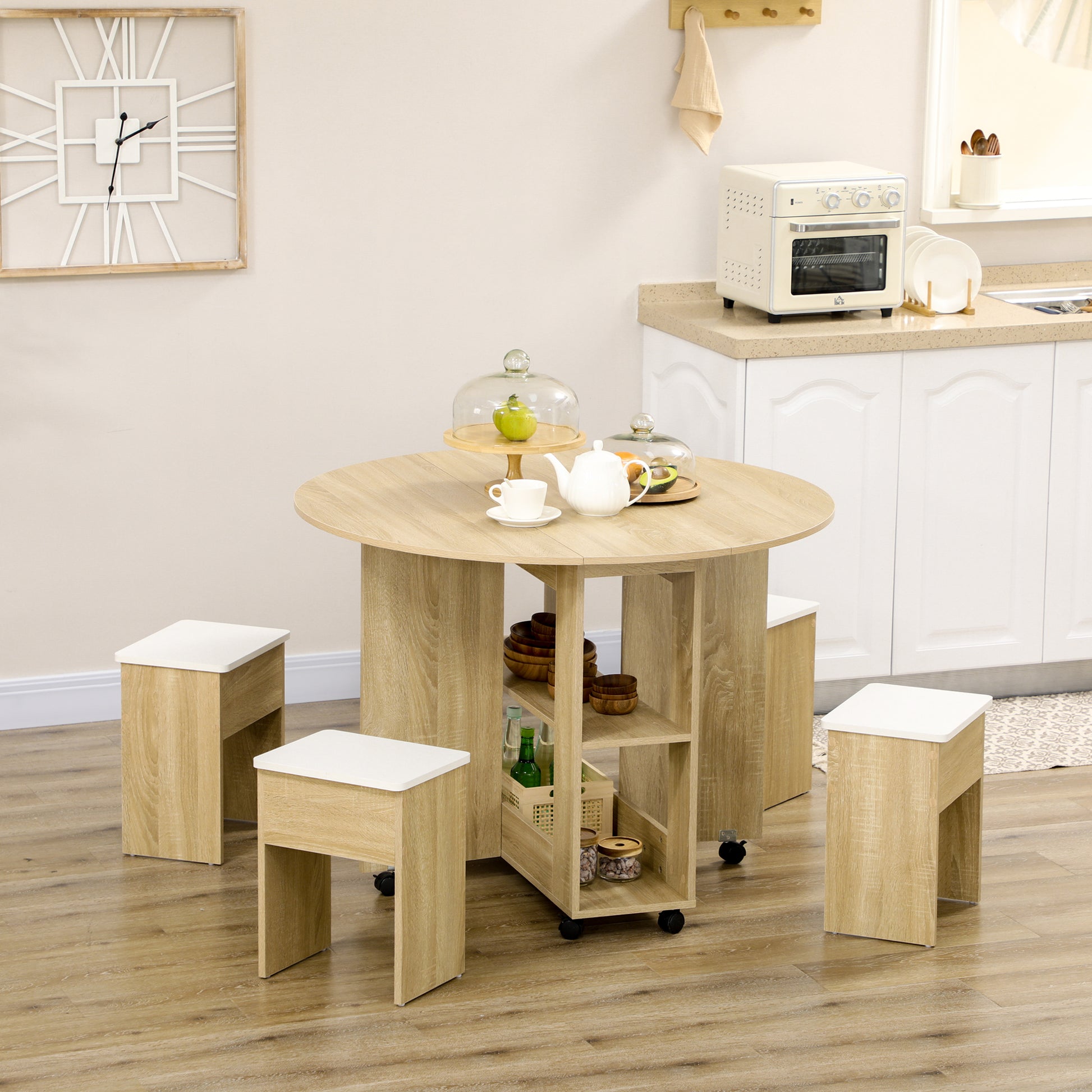 5-Piece Oak Veneer Table and Chairs Set, Foldable Round Table with 2 Open Shelves and 4 Oak Stools