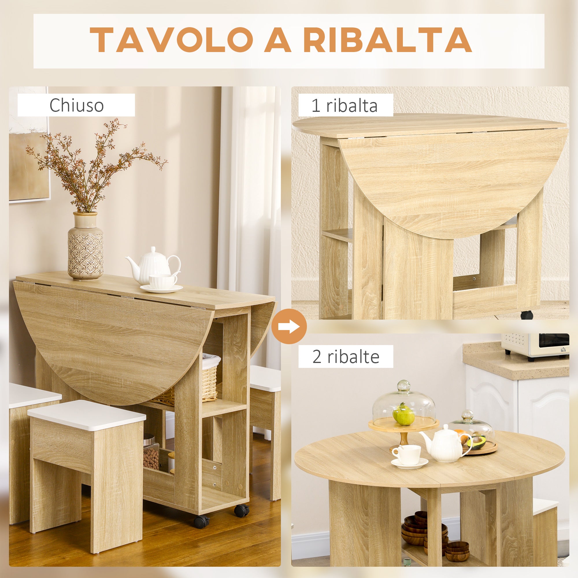 5-Piece Oak Veneer Table and Chairs Set, Foldable Round Table with 2 Open Shelves and 4 Oak Stools