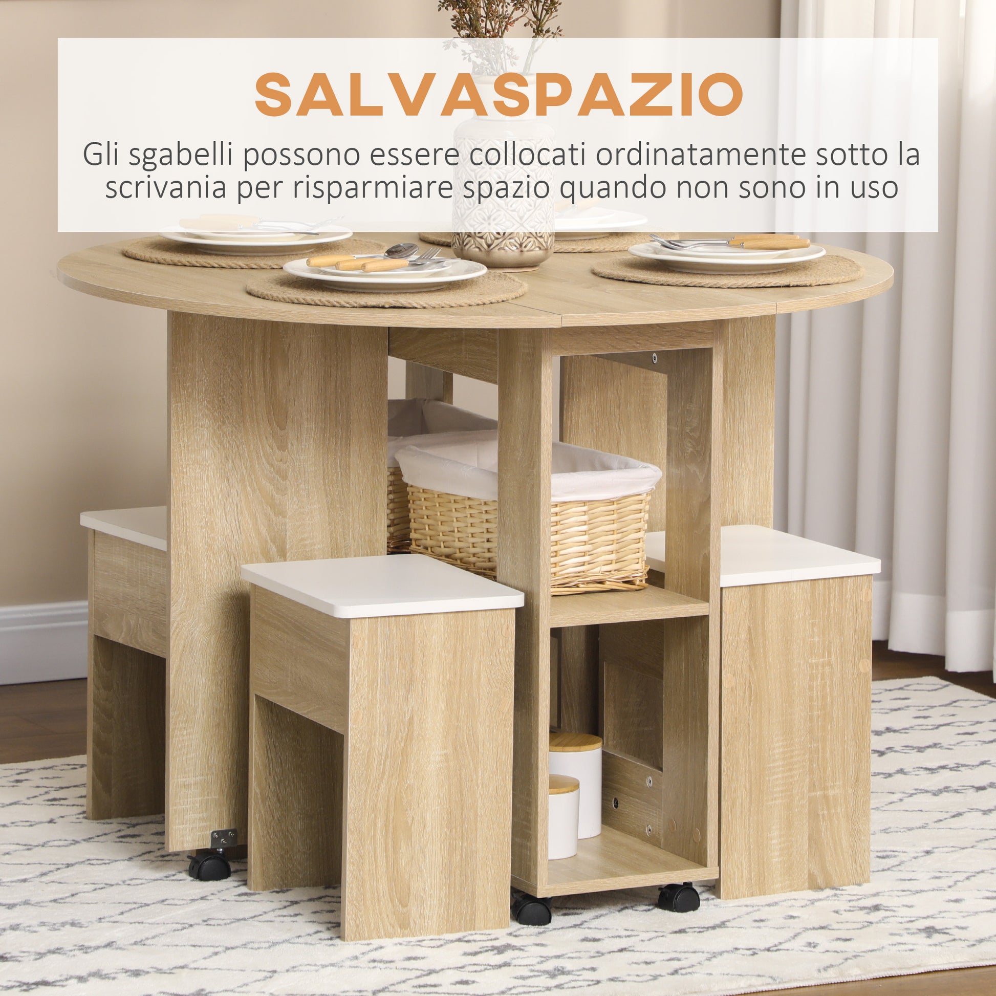 5-Piece Oak Veneer Table and Chairs Set, Foldable Round Table with 2 Open Shelves and 4 Oak Stools