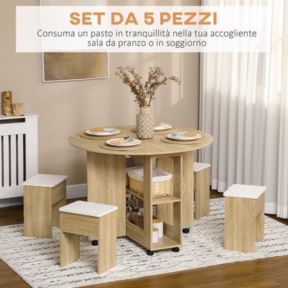 5-Piece Oak Veneer Table and Chairs Set, Foldable Round Table with 2 Open Shelves and 4 Oak Stools