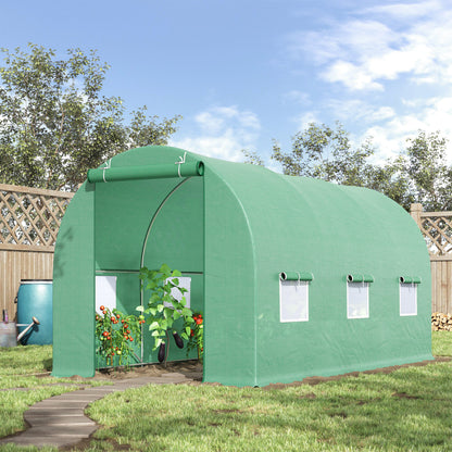 Greenhouse 445x190x200cm Foil Greenhouse Tomato House with Door, 6 Windows, Galvanized Steel Foil Tunnel, PE, Sturdy Greenhouse Plant Tunnel, Including Ground Anchors & Ropes, Green
