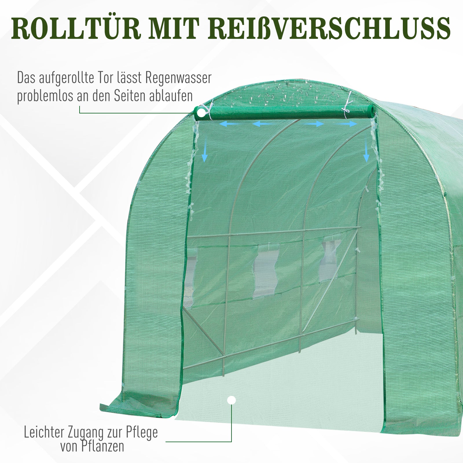 Greenhouse 445x190x200cm Foil Greenhouse Tomato House with Door, 6 Windows, Galvanized Steel Foil Tunnel, PE, Sturdy Greenhouse Plant Tunnel, Including Ground Anchors & Ropes, Green