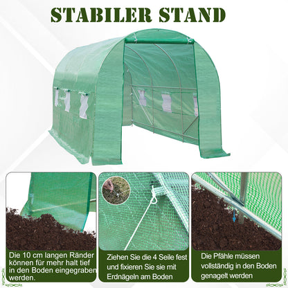 Greenhouse 445x190x200cm Foil Greenhouse Tomato House with Door, 6 Windows, Galvanized Steel Foil Tunnel, PE, Sturdy Greenhouse Plant Tunnel, Including Ground Anchors & Ropes, Green