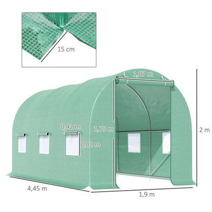 Greenhouse 445x190x200cm Foil Greenhouse Tomato House with Door, 6 Windows, Galvanized Steel Foil Tunnel, PE, Sturdy Greenhouse Plant Tunnel, Including Ground Anchors & Ropes, Green