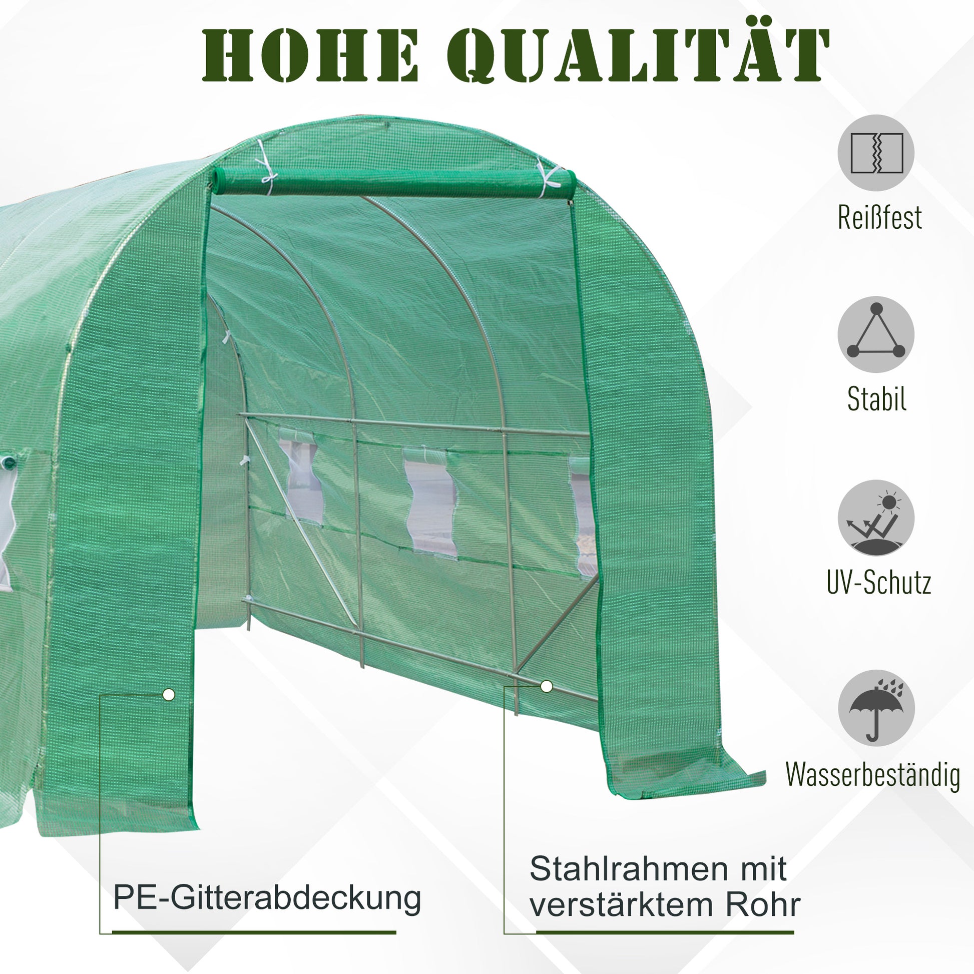 Greenhouse 445x190x200cm Foil Greenhouse Tomato House with Door, 6 Windows, Galvanized Steel Foil Tunnel, PE, Sturdy Greenhouse Plant Tunnel, Including Ground Anchors & Ropes, Green