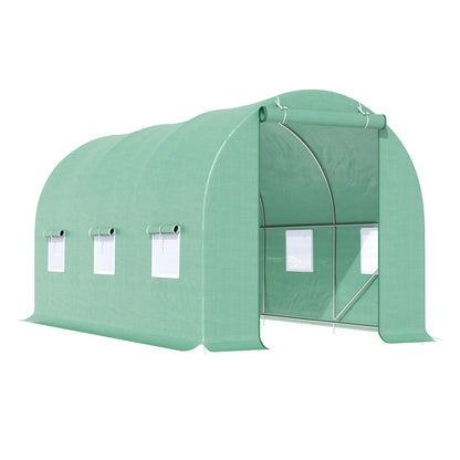 Greenhouse 445x190x200cm Foil Greenhouse Tomato House with Door, 6 Windows, Galvanized Steel Foil Tunnel, PE, Sturdy Greenhouse Plant Tunnel, Including Ground Anchors & Ropes, Green