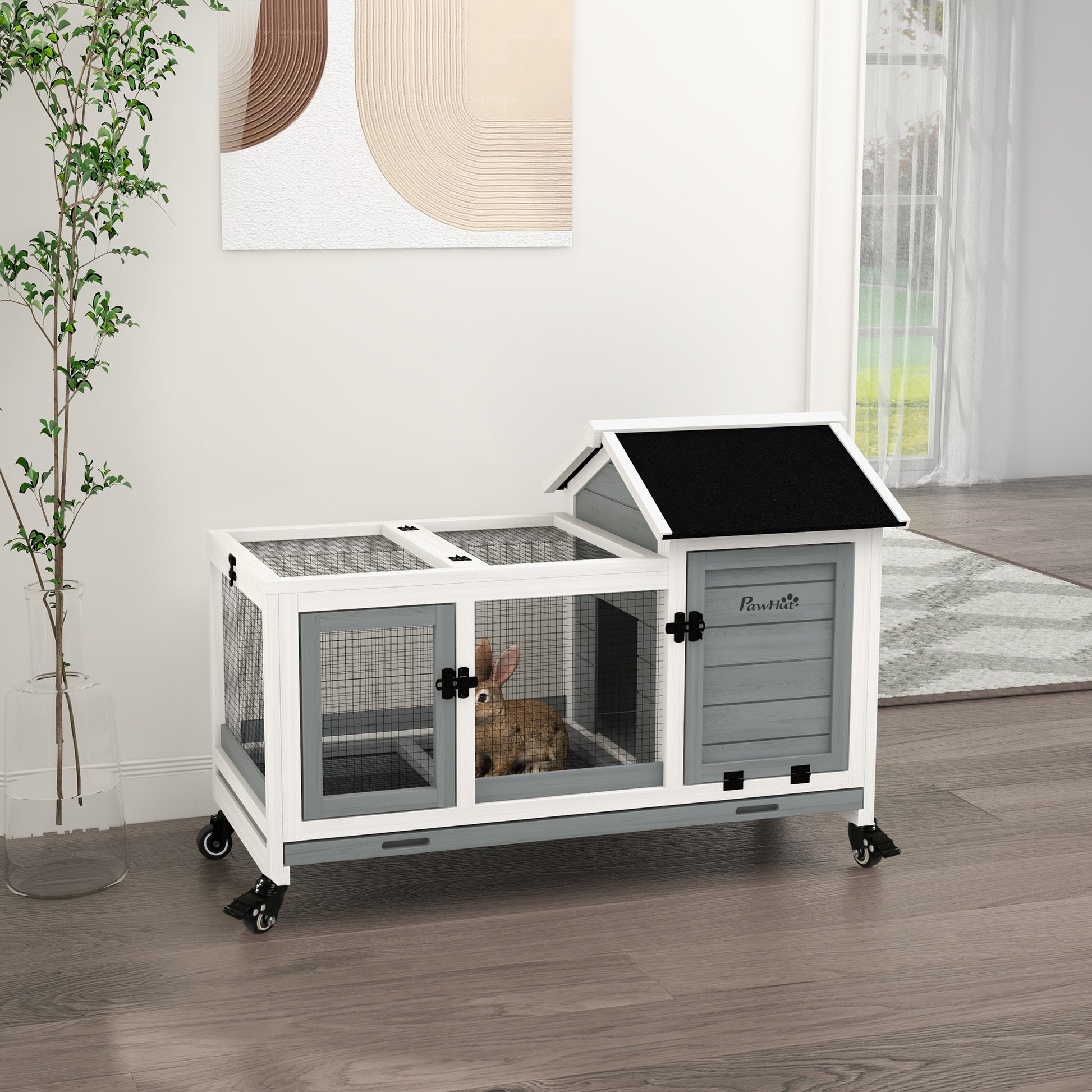 Wooden Dwarf Rabbit Hutch, 108 x 58 x 73.5 cm Small Animal Hutch with Outdoor Enclosure, Wheels, Foldable Roof, Dwarf Rabbit Cage with Pull-Out Tray for Indoor, Outdoor, Gray