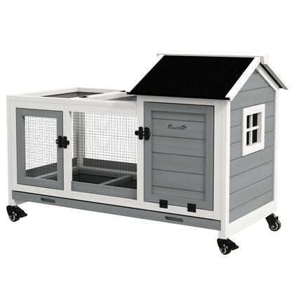 Wooden Dwarf Rabbit Hutch, 108 x 58 x 73.5 cm Small Animal Hutch with Outdoor Enclosure, Wheels, Foldable Roof, Dwarf Rabbit Cage with Pull-Out Tray for Indoor, Outdoor, Gray