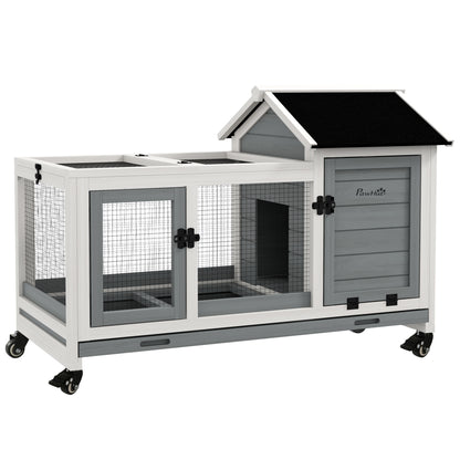 Wooden Dwarf Rabbit Hutch, 108 x 58 x 73.5 cm Small Animal Hutch with Outdoor Enclosure, Wheels, Foldable Roof, Dwarf Rabbit Cage with Pull-Out Tray for Indoor, Outdoor, Gray