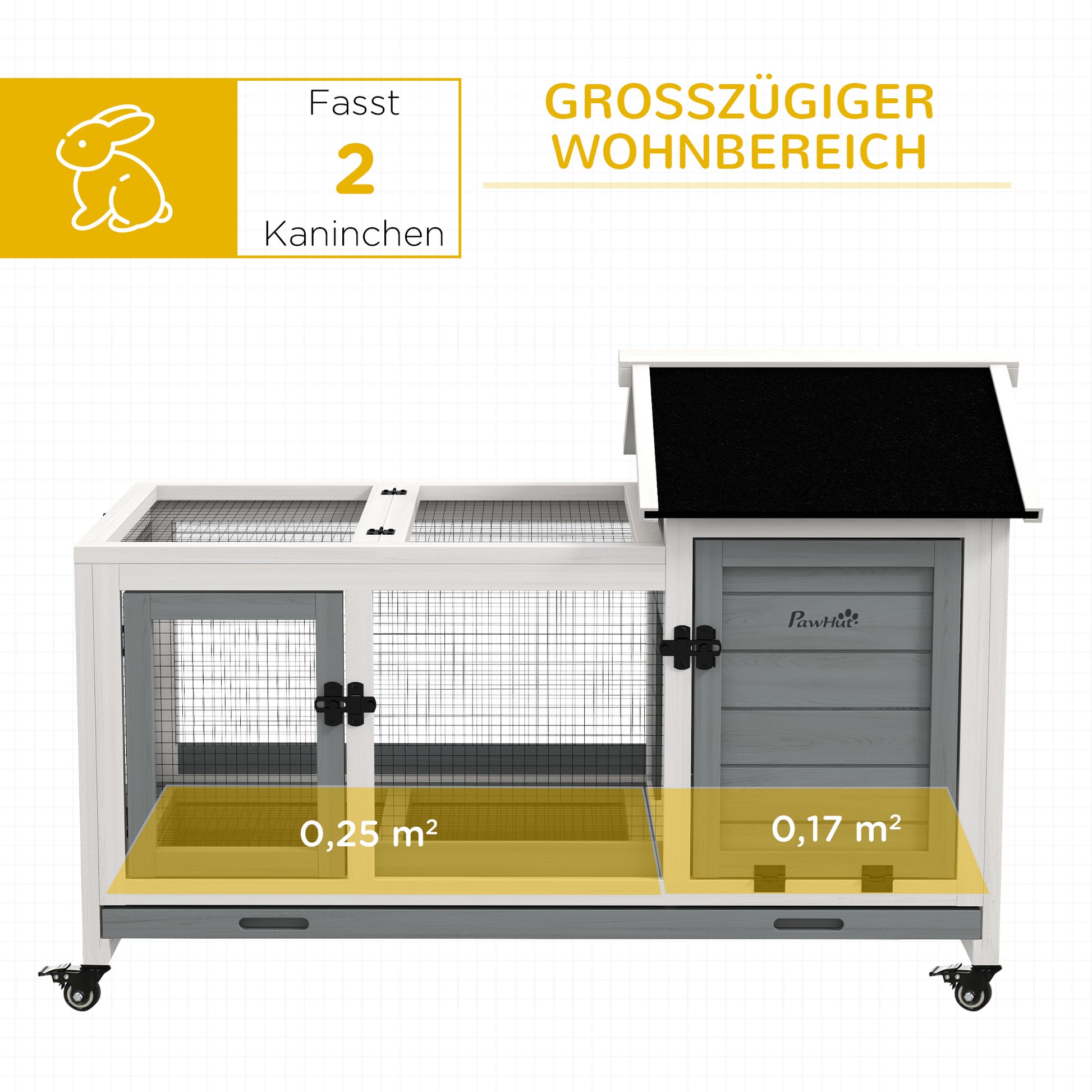Wooden Dwarf Rabbit Hutch, 108 x 58 x 73.5 cm Small Animal Hutch with Outdoor Enclosure, Wheels, Foldable Roof, Dwarf Rabbit Cage with Pull-Out Tray for Indoor, Outdoor, Gray