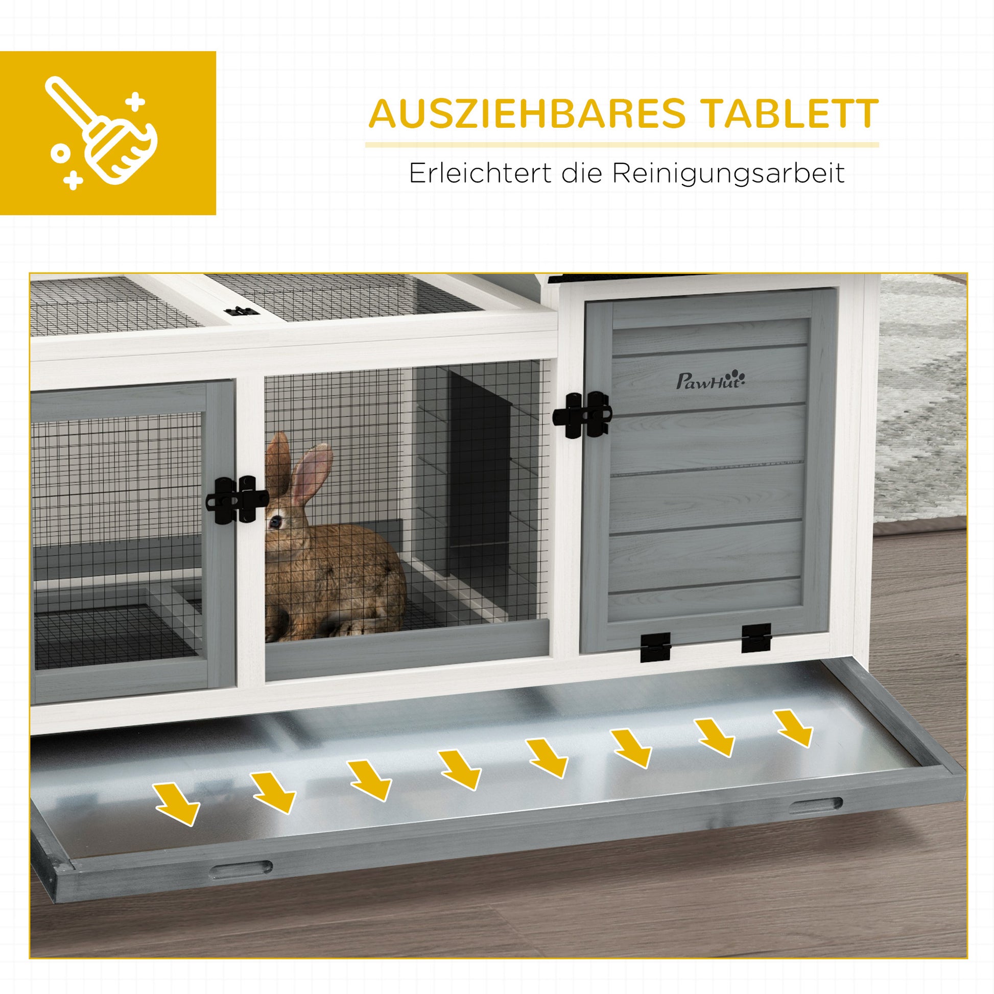 Wooden Dwarf Rabbit Hutch, 108 x 58 x 73.5 cm Small Animal Hutch with Outdoor Enclosure, Wheels, Foldable Roof, Dwarf Rabbit Cage with Pull-Out Tray for Indoor, Outdoor, Gray