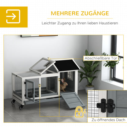 Wooden Dwarf Rabbit Hutch, 108 x 58 x 73.5 cm Small Animal Hutch with Outdoor Enclosure, Wheels, Foldable Roof, Dwarf Rabbit Cage with Pull-Out Tray for Indoor, Outdoor, Gray
