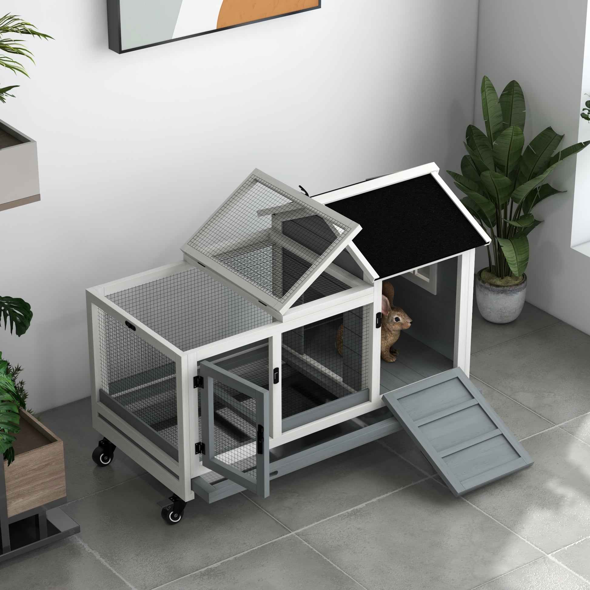 Wooden Dwarf Rabbit Hutch, 108 x 58 x 73.5 cm Small Animal Hutch with Outdoor Enclosure, Wheels, Foldable Roof, Dwarf Rabbit Cage with Pull-Out Tray for Indoor, Outdoor, Gray