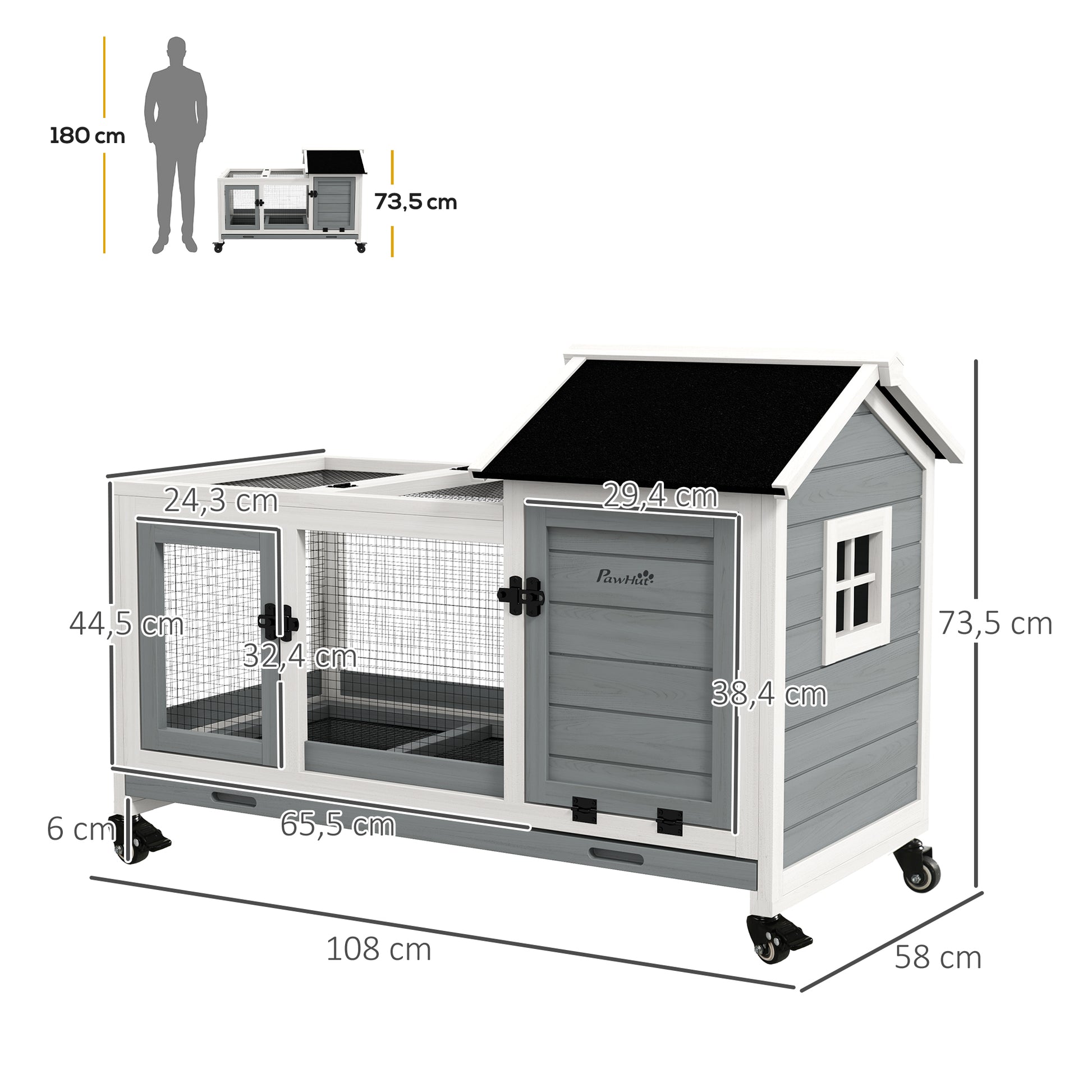 Wooden Dwarf Rabbit Hutch, 108 x 58 x 73.5 cm Small Animal Hutch with Outdoor Enclosure, Wheels, Foldable Roof, Dwarf Rabbit Cage with Pull-Out Tray for Indoor, Outdoor, Gray