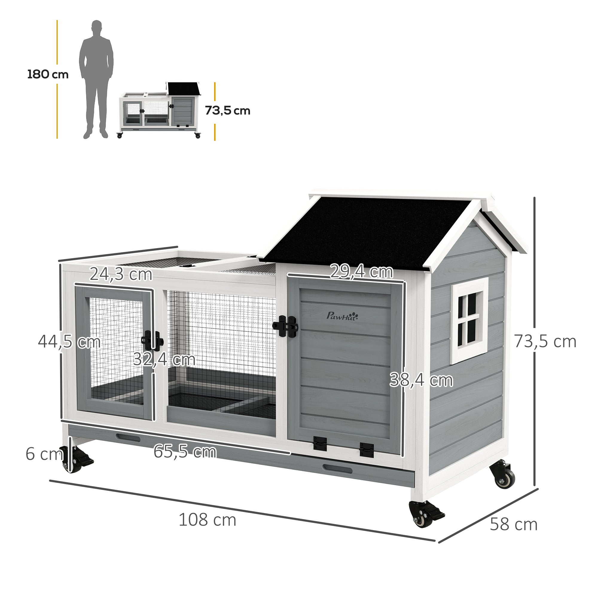 Wooden Dwarf Rabbit Hutch, 108 x 58 x 73.5 cm Small Animal Hutch with Outdoor Enclosure, Wheels, Foldable Roof, Dwarf Rabbit Cage with Pull-Out Tray for Indoor, Outdoor, Gray