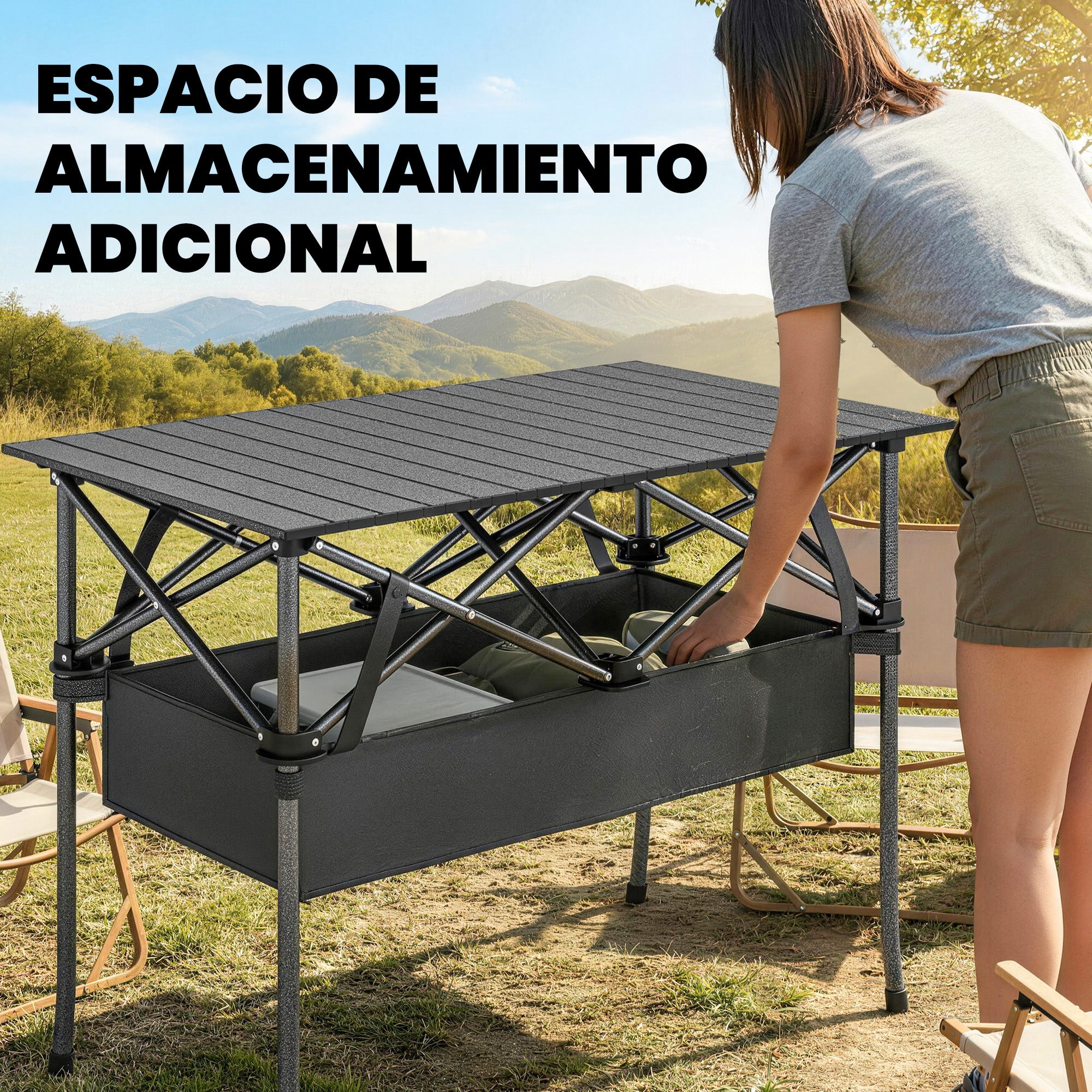 Foldable Camping Table, 36.6 x 21.7 x 26.8 in, Portable Roll-Up Aluminum Top with Storage Net, Metal Frame, Carry Bag, Black