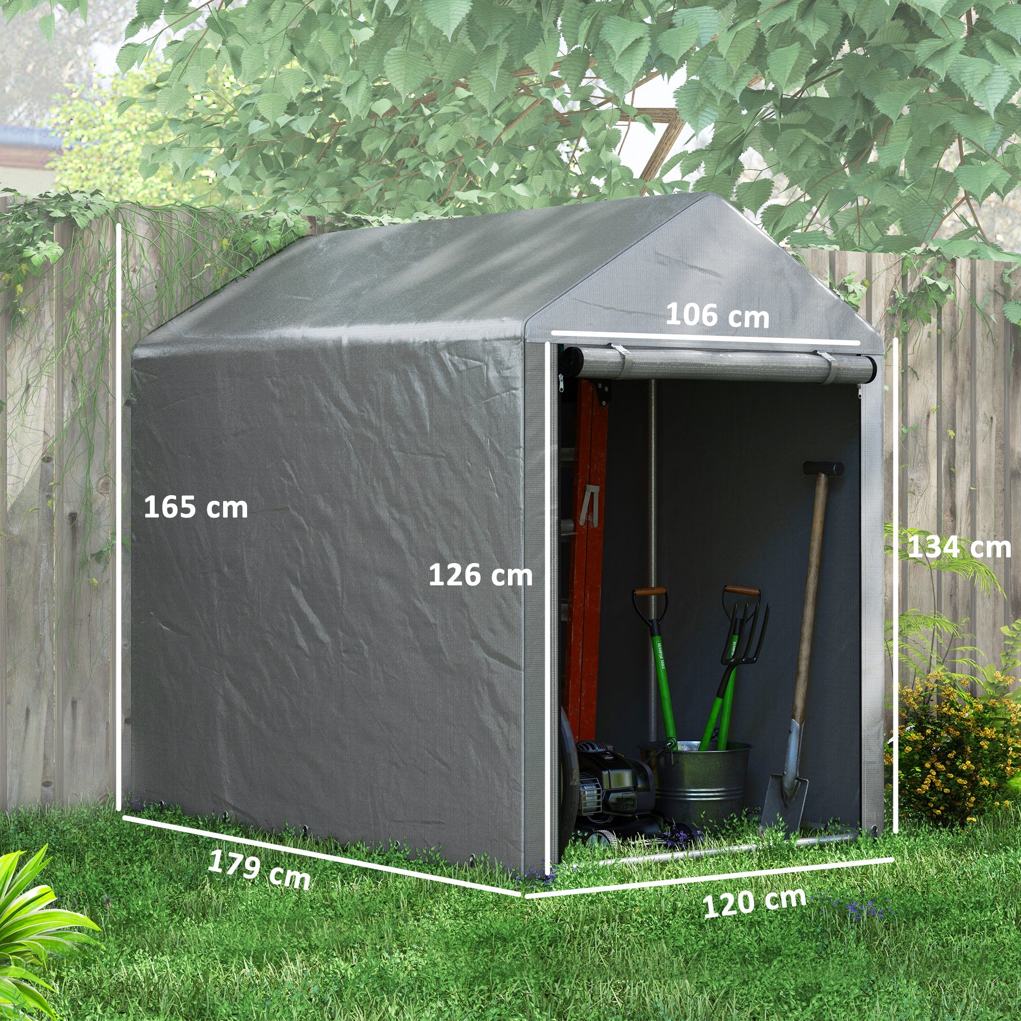 Outdoor Motorcycle Garage Storage Shed with Zippered Entrance, Garage Tent for Bicycles and Tools in Galvanized Metal and PE Fabric, 120x179x165 cm, Light Gray