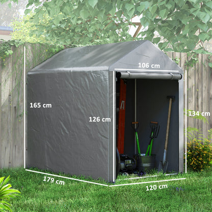 Outdoor Motorcycle Garage Storage Shed with Zippered Entrance, Garage Tent for Bicycles and Tools in Galvanized Metal and PE Fabric, 120x179x165 cm, Light Gray