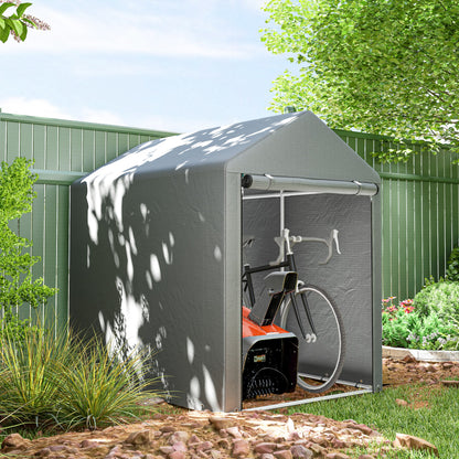 Outdoor Motorcycle Garage Storage Shed with Zippered Entrance, Garage Tent for Bicycles and Tools in Galvanized Metal and PE Fabric, 120x179x165 cm, Light Gray