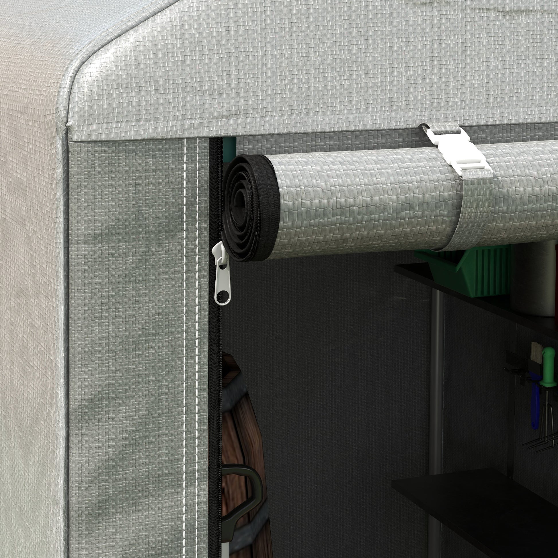 Outdoor Motorcycle Garage Storage Shed with Zippered Entrance, Garage Tent for Bicycles and Tools in Galvanized Metal and PE Fabric, 120x179x165 cm, Light Gray