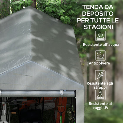 Outdoor Motorcycle Garage Storage Shed with Zippered Entrance, Garage Tent for Bicycles and Tools in Galvanized Metal and PE Fabric, 120x179x165 cm, Light Gray