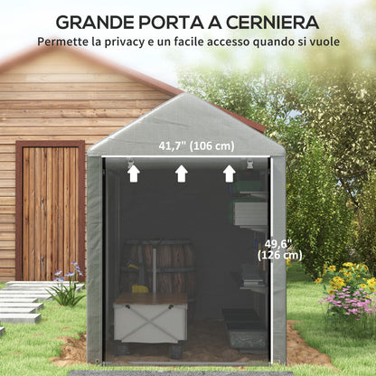 Outdoor Motorcycle Garage Storage Shed with Zippered Entrance, Garage Tent for Bicycles and Tools in Galvanized Metal and PE Fabric, 120x179x165 cm, Light Gray