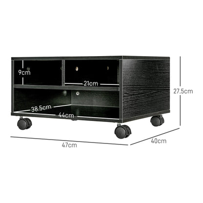 2-Shelf Printer Stand, Office and Study Wood Cabinet with Wheels, 47x40x27.5cm, Black
