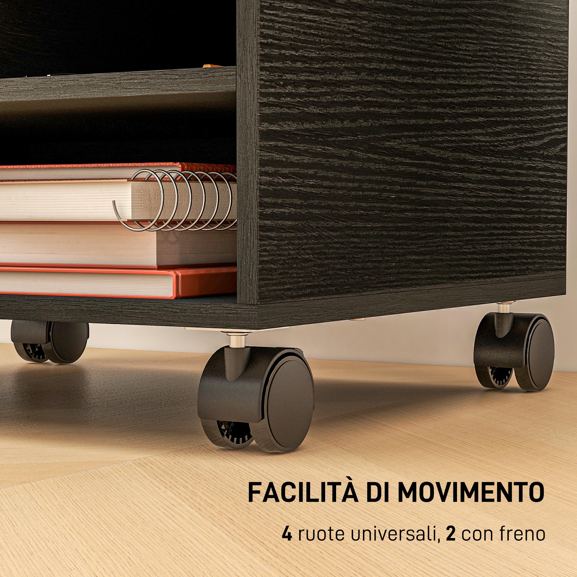 2-Shelf Printer Stand, Office and Study Wood Cabinet with Wheels, 47x40x27.5cm, Black