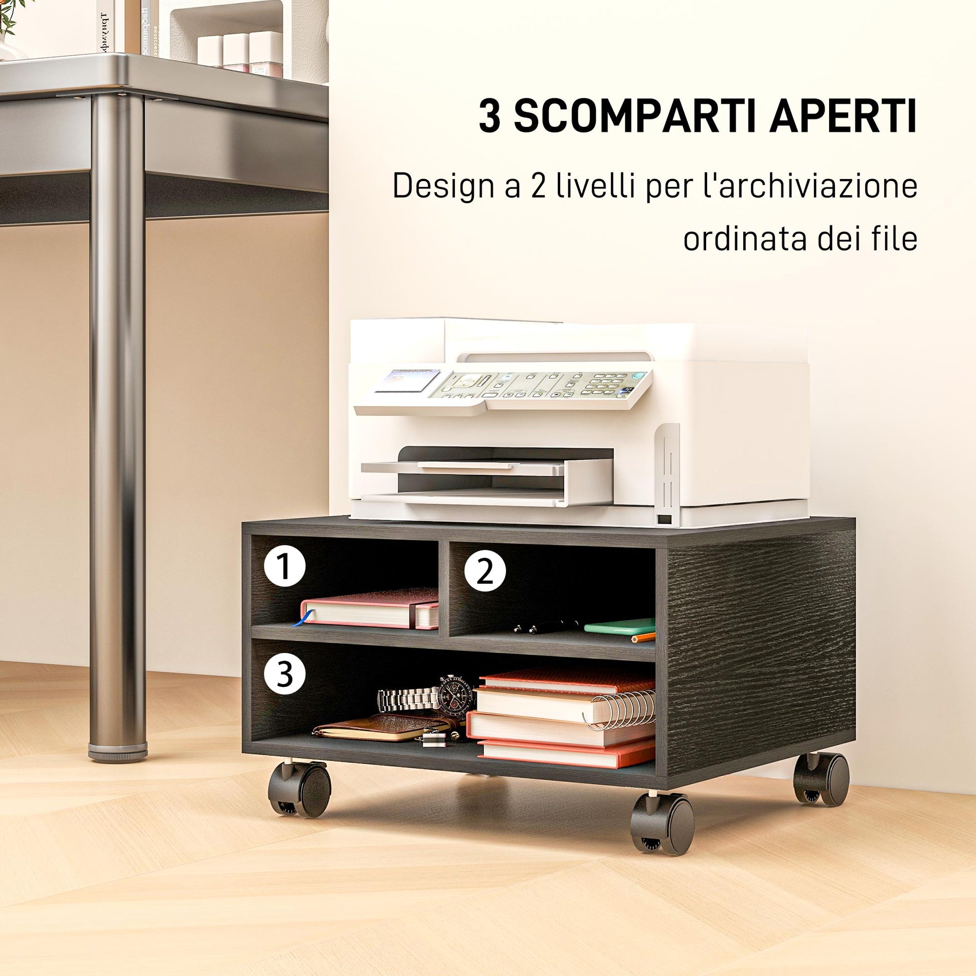 2-Shelf Printer Stand, Office and Study Wood Cabinet with Wheels, 47x40x27.5cm, Black