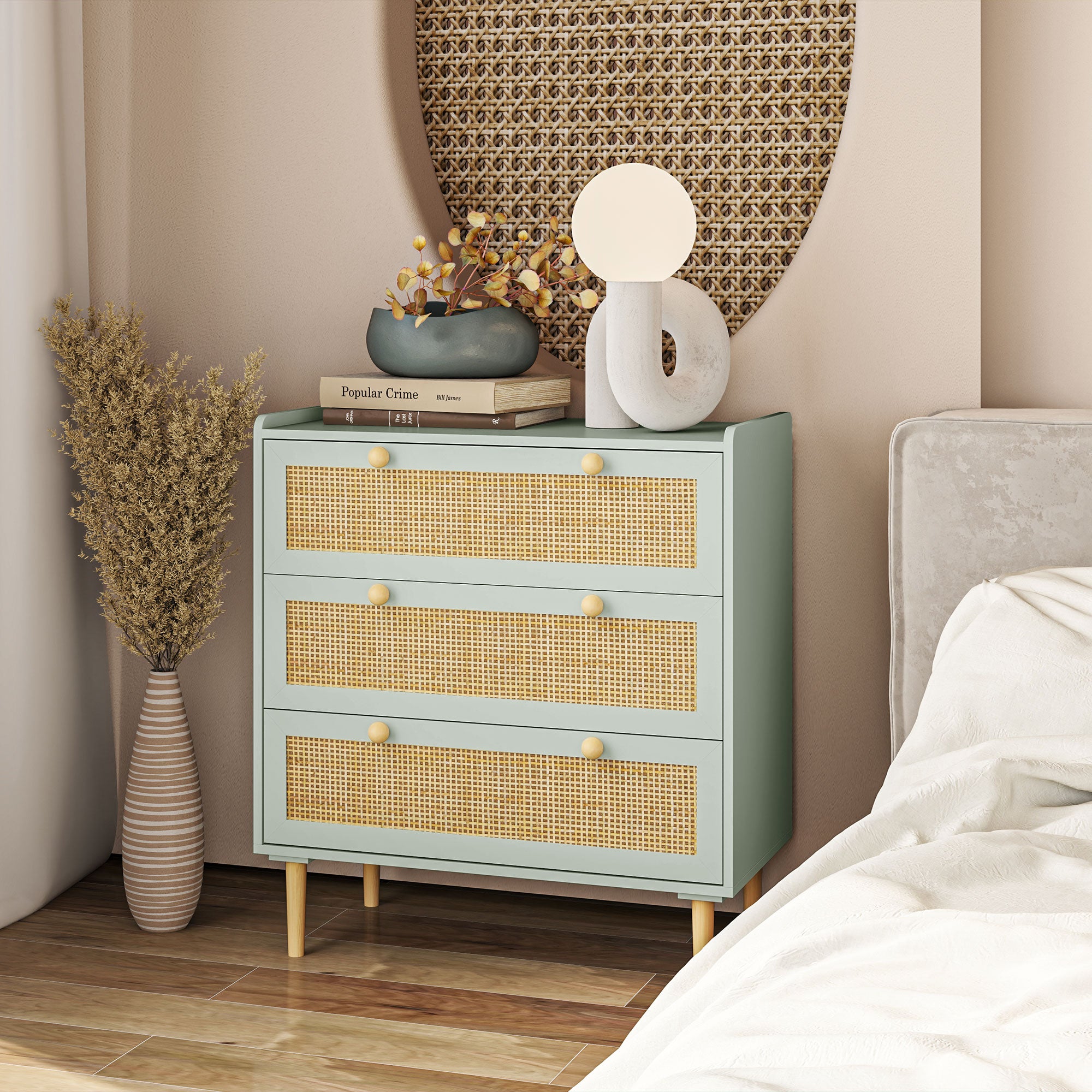 Chest of Drawers Sideboard with 3 Drawers Worktop Shelf Cabinet Storage Cabinet in Boho Style Drawer Cabinet for Living Room Bedroom Hallway 80 x 40 x 87.5 cm Green