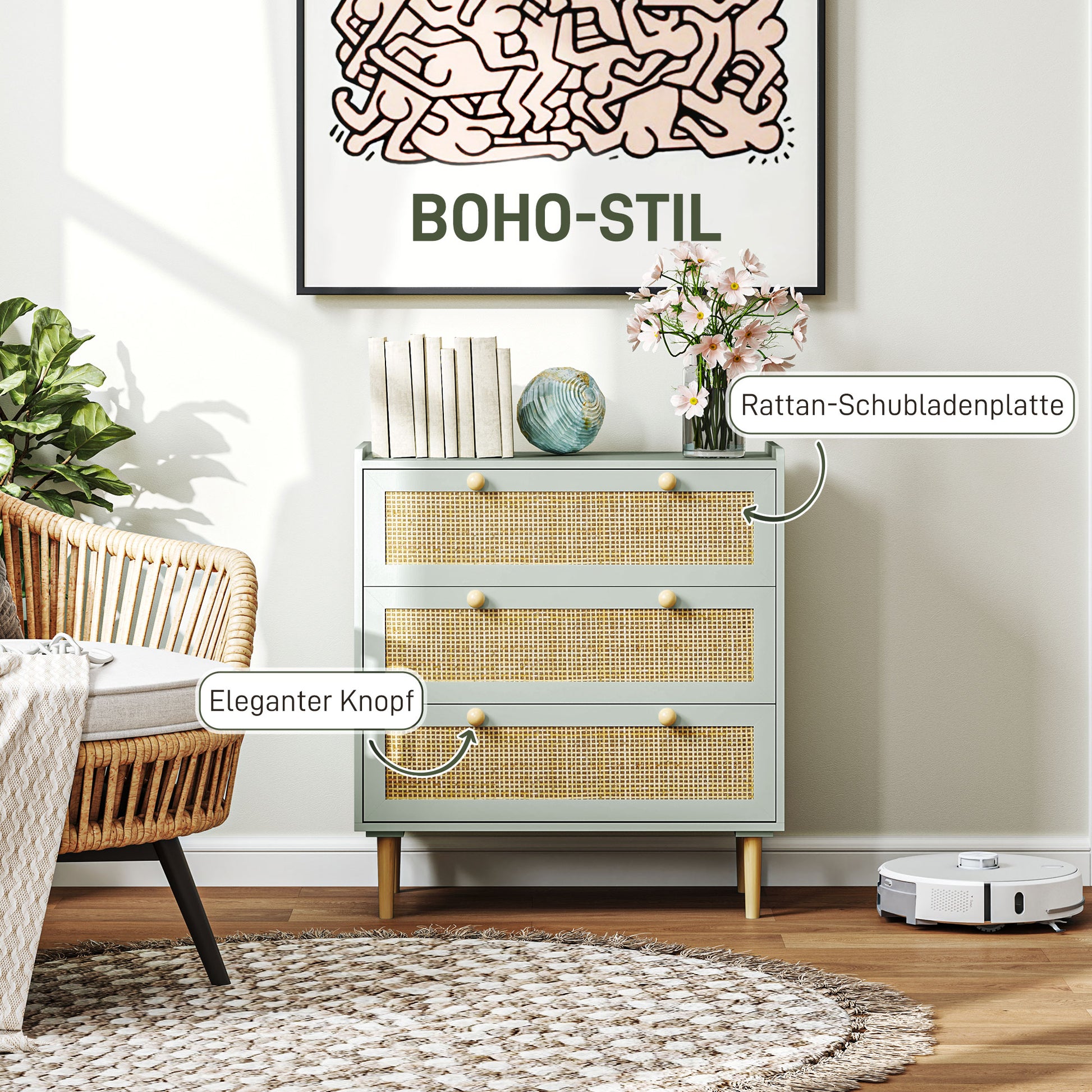 Chest of Drawers Sideboard with 3 Drawers Worktop Shelf Cabinet Storage Cabinet in Boho Style Drawer Cabinet for Living Room Bedroom Hallway 80 x 40 x 87.5 cm Green