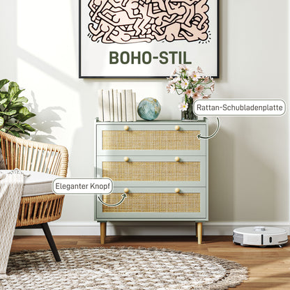 Chest of Drawers Sideboard with 3 Drawers Worktop Shelf Cabinet Storage Cabinet in Boho Style Drawer Cabinet for Living Room Bedroom Hallway 80 x 40 x 87.5 cm Green