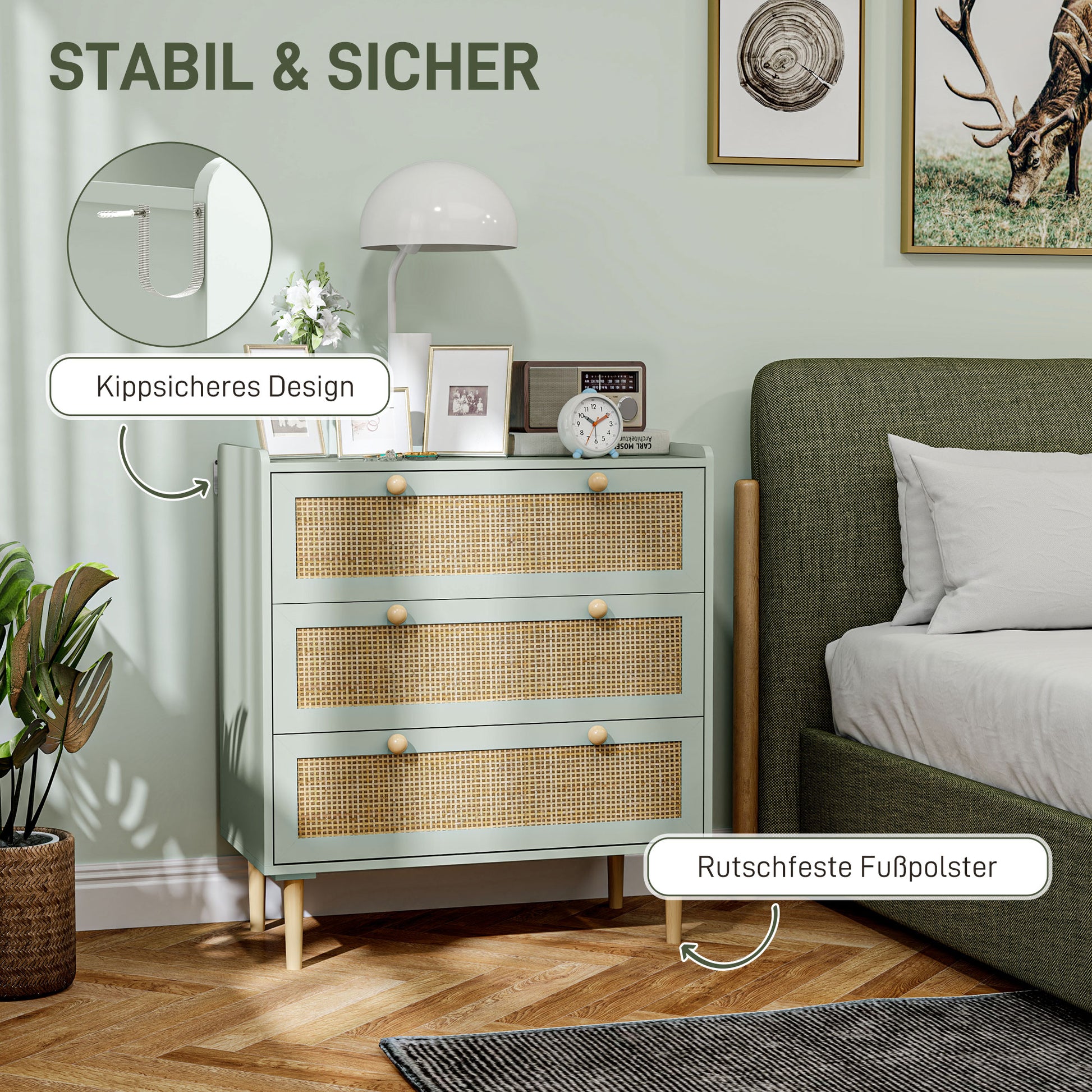 Chest of Drawers Sideboard with 3 Drawers Worktop Shelf Cabinet Storage Cabinet in Boho Style Drawer Cabinet for Living Room Bedroom Hallway 80 x 40 x 87.5 cm Green