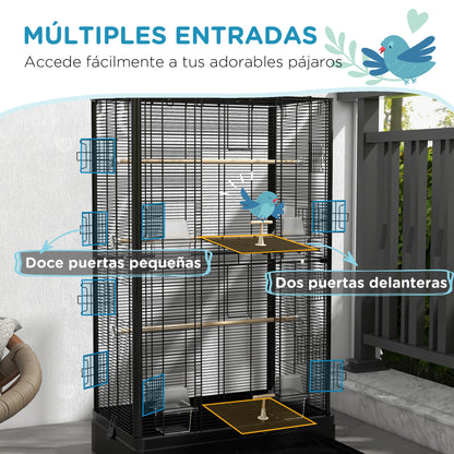 Bird Cage 61x36.5x98 cm Aviary with Doors Perches Removable Tray Food Boxes and Handles Cage for Budgies Parrots Finches Canaries Black