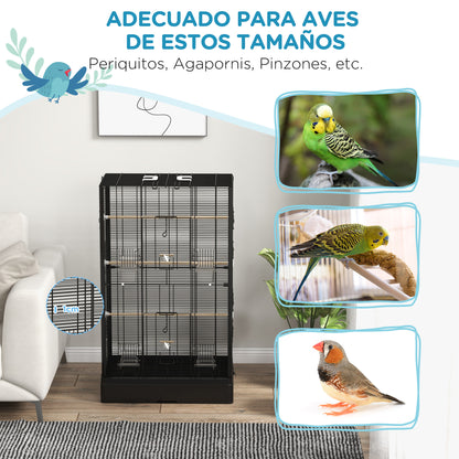 Bird Cage 61x36.5x98 cm Aviary with Doors Perches Removable Tray Food Boxes and Handles Cage for Budgies Parrots Finches Canaries Black