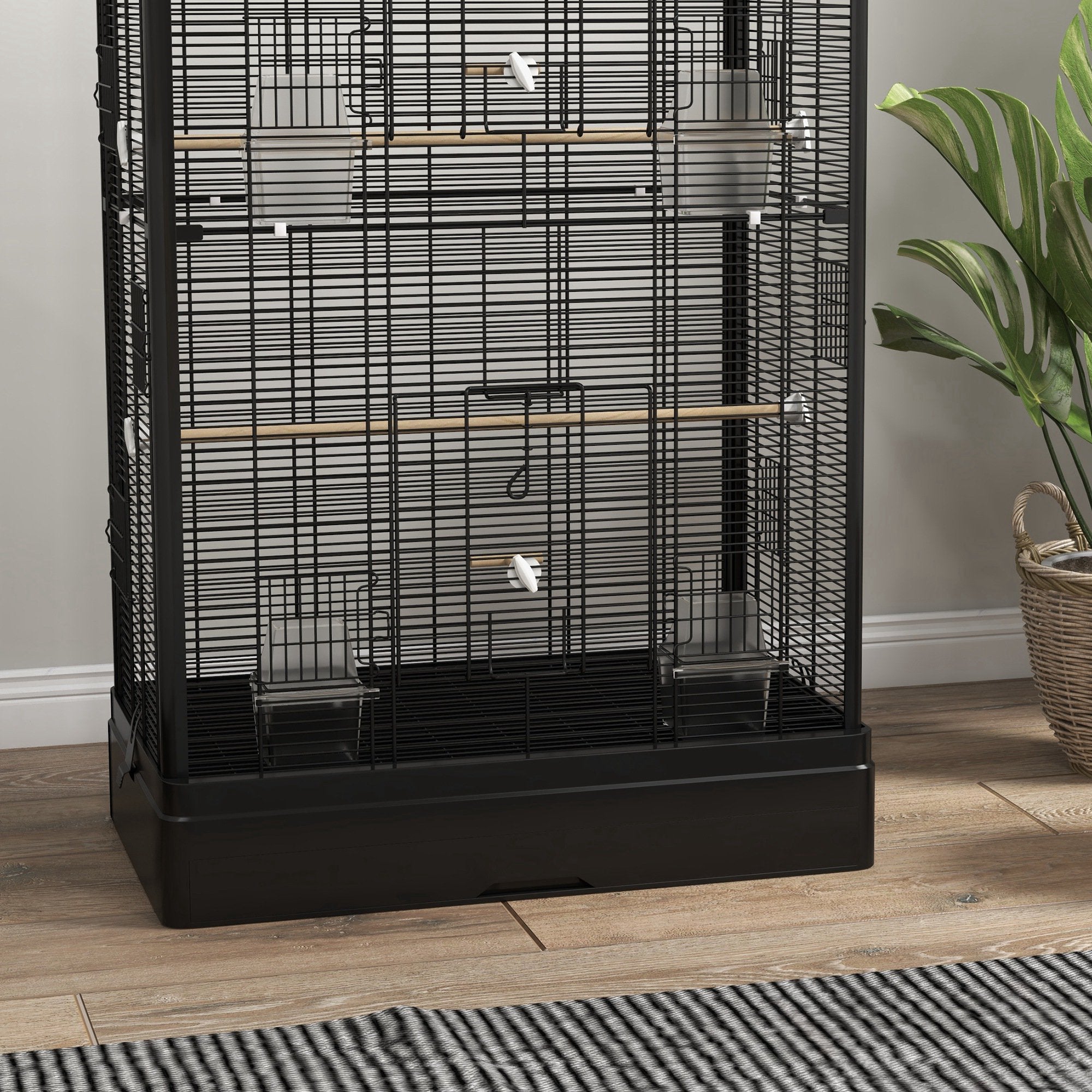 Bird Cage 61x36.5x98 cm Aviary with Doors Perches Removable Tray Food Boxes and Handles Cage for Budgies Parrots Finches Canaries Black