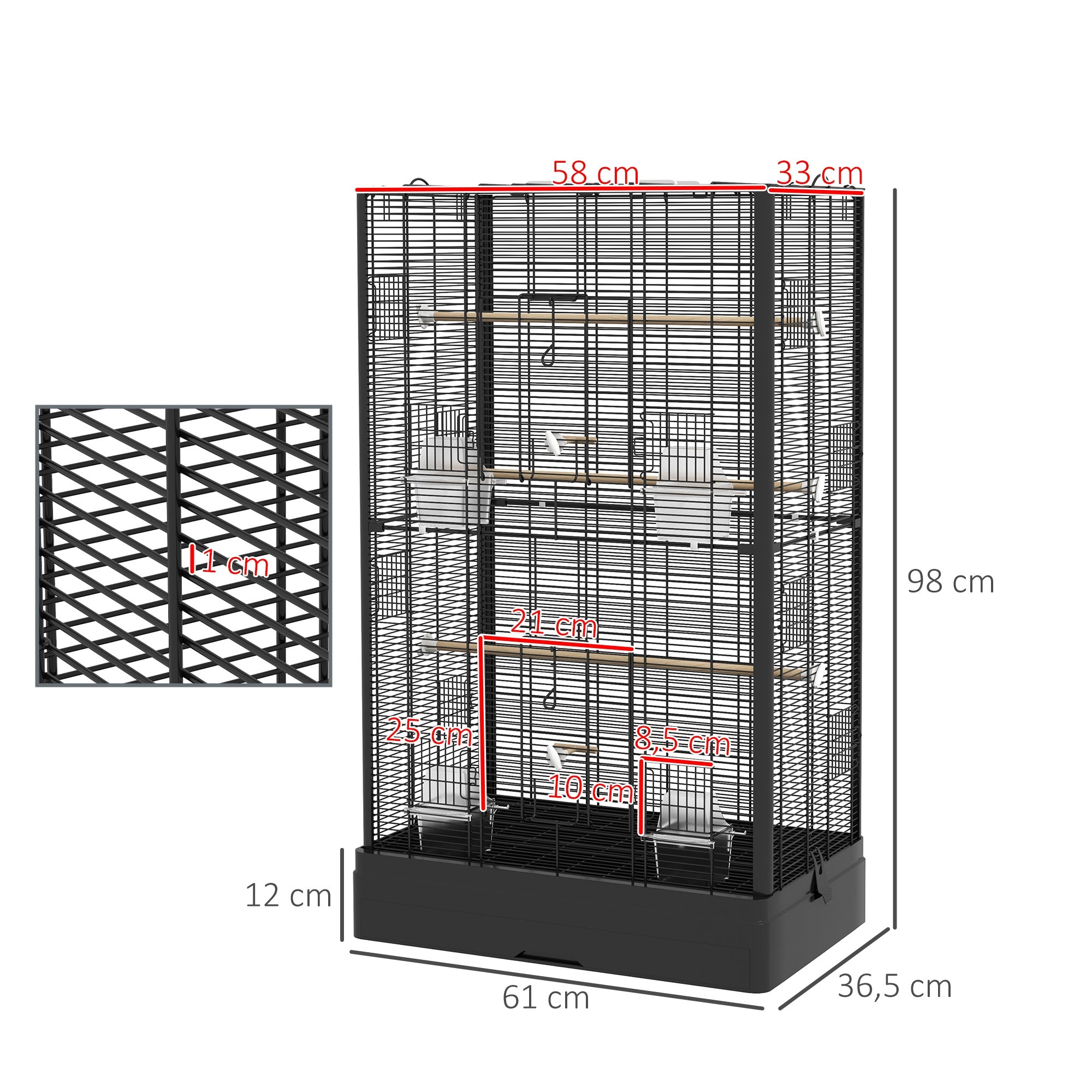Bird Cage 61x36.5x98 cm Aviary with Doors Perches Removable Tray Food Boxes and Handles Cage for Budgies Parrots Finches Canaries Black